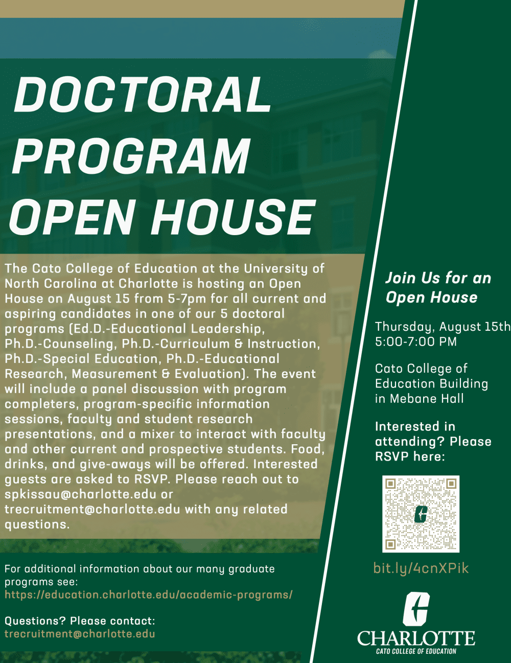 Doctoral Program Open House. On Thursday August 15th, from five to seven P.M.